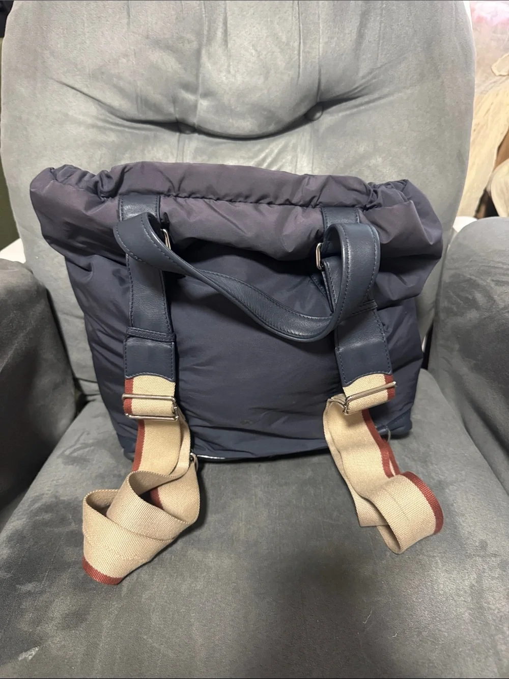 Loro Piana Navy Padded Backpack with Leather Trim
